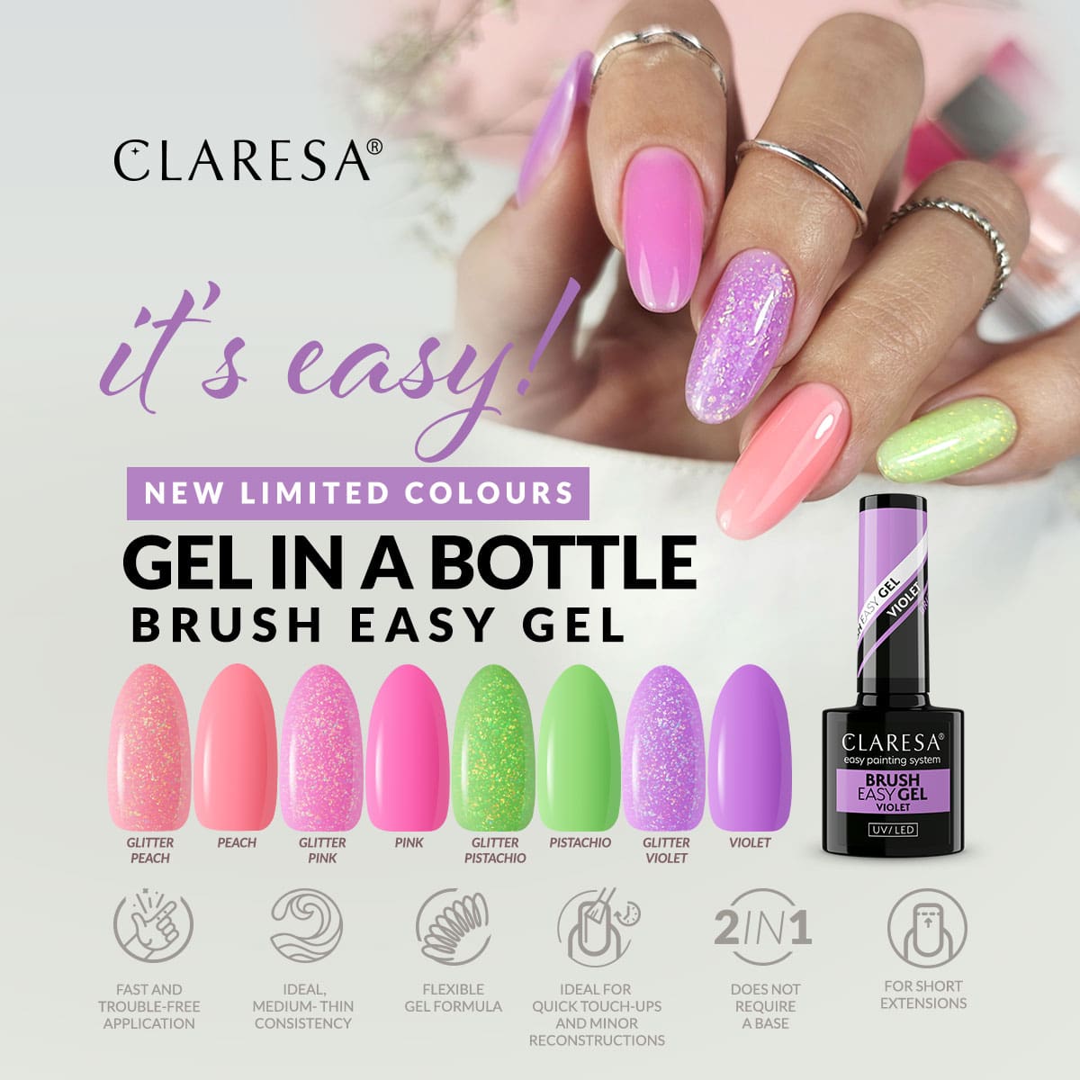 Claresa BRUSH EASY GEL Gel In A Bottle GLITTER PEACH 5g Limited Claresa BRUSH EASY GEL Gel In A Bottle GLITTER PEACH 5g Limited