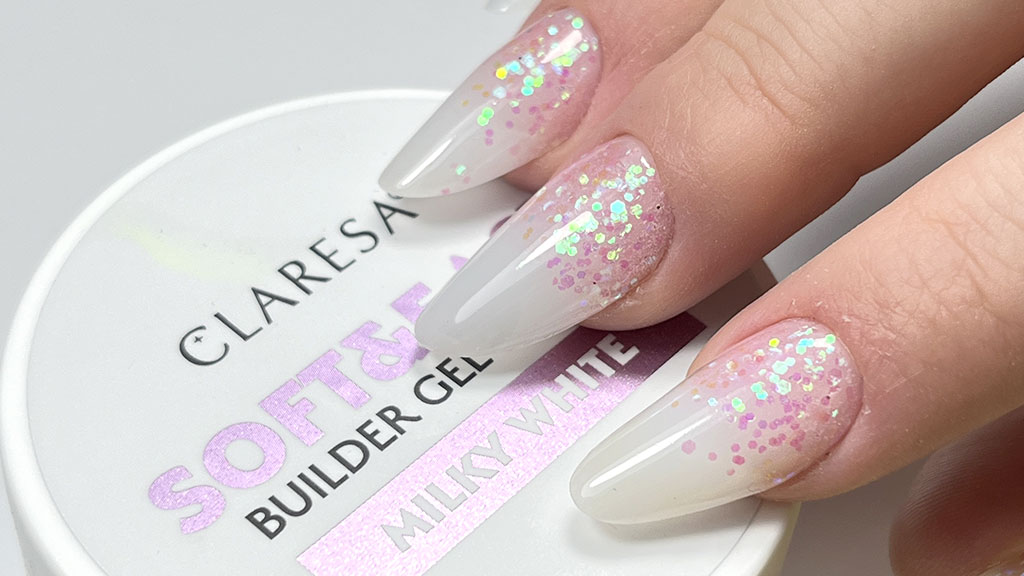 Builder gel manicure with smooth structure and glossy finish using Claresa products