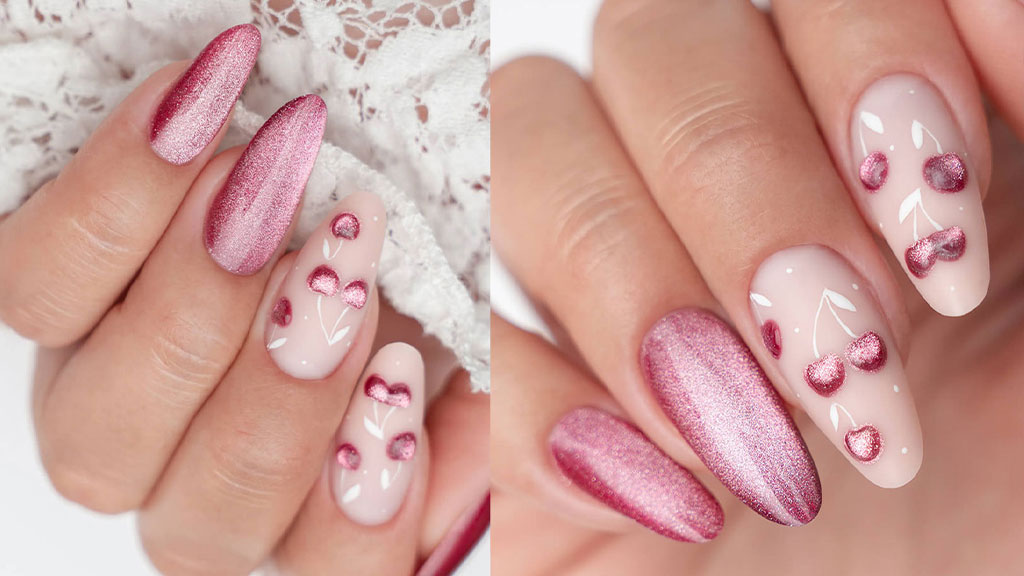 Cat eye nail gel polish manicure with a shimmering magnetic effect