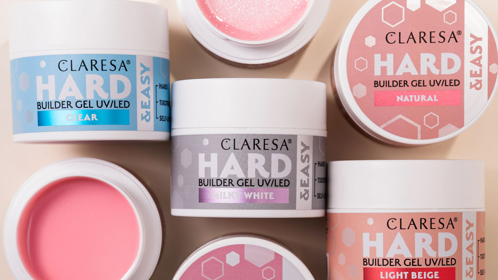Hard gel and builder gel nail products used for nail enhancements
